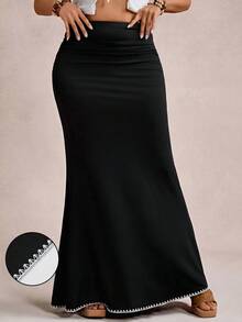 Freevana Elegant Shell Flower Craft Contrast Color Plus Size Women's Black Mermaid Tail Skirt, Black Skirt - Multicolor - View 1