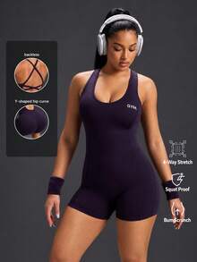 Powerista Women's Plus Size Solid Color Casual Daily Outdoor Sports Romper Gym Running Fitness Workout Going Out Autumn Jumpsuit Backless Purple Backless - Purple - View 2
