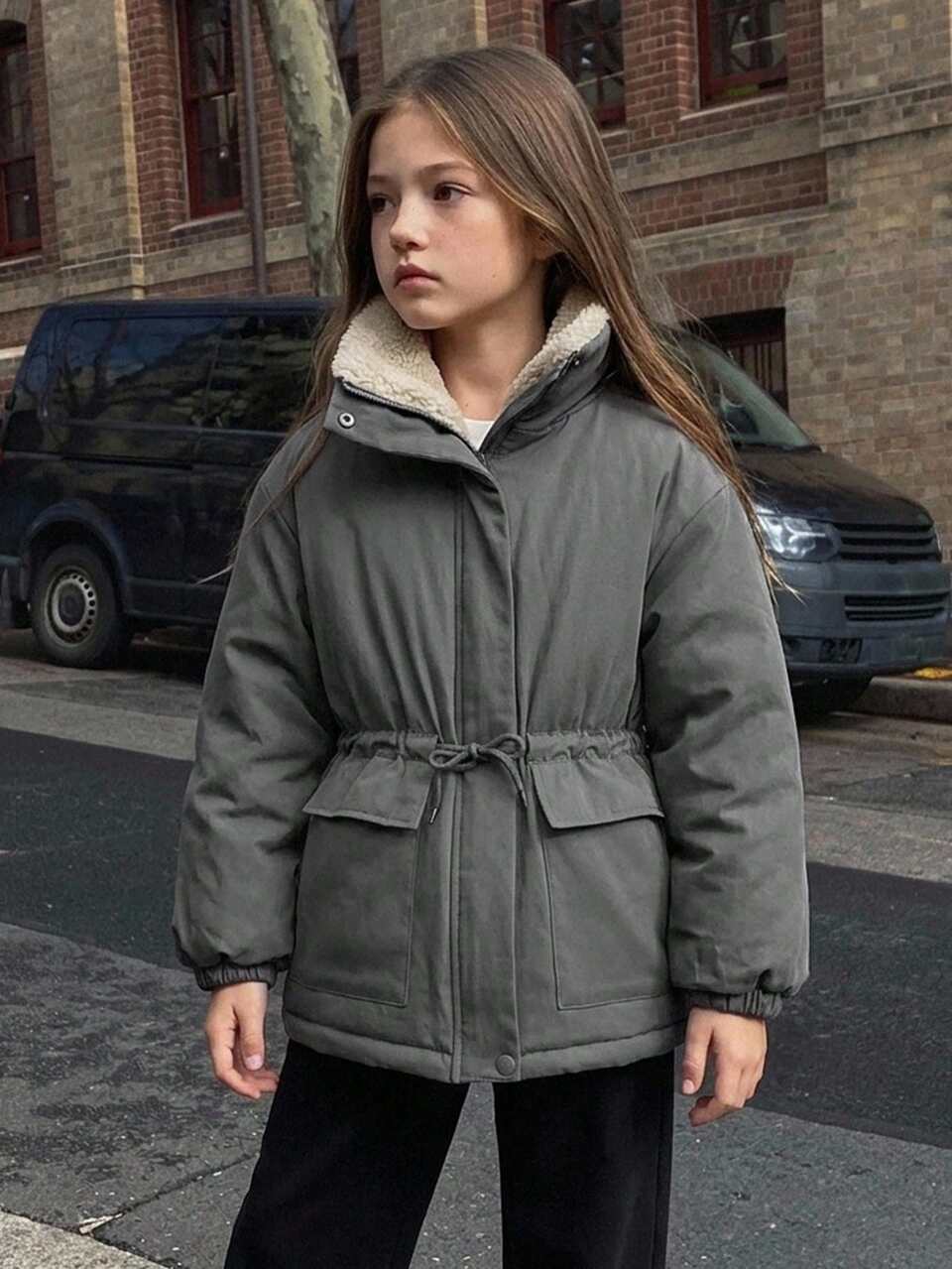 Tween Girl Winter Casual Versatile Drawstring Waist Jacket