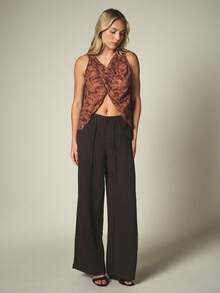 KSTM Floral Jacquard Cowl Neck Sleeveless Crop Top With Twist Front Cutout Detail For Date Night - Multicolor - View 3