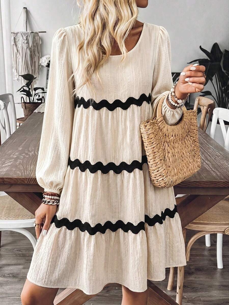 SHEIN Holidaya Gaun Kasual Liburan Gaya Boho dengan Tali Anyaman, Dekorasi Warna Beige Musim Gugur