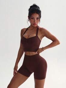 Mistrie Women's Solid Color Backless Halter Top And Shorts Sports Set - Brown - View 11
