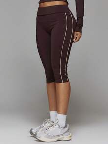 Musera Sport Foldover Waist Contrast Colour Side Stripe Fitted Low Rise Active Capri Legging Fall Autumn Winter Gym Workout Cute - Mocha Brown - View 3