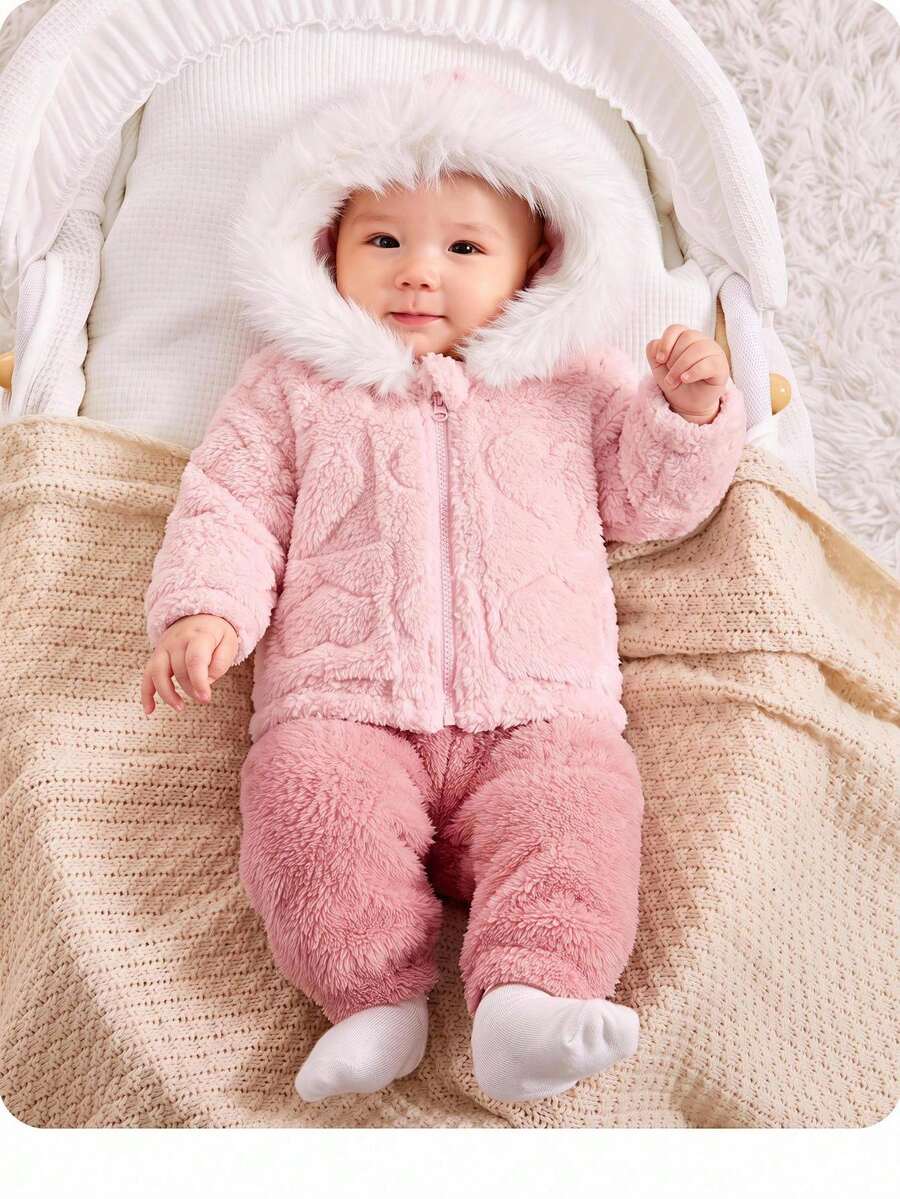 SHEIN 新生兒寶寶毛絨拼接連帽休閒日常長袖冬季外套 - 淺粉色 - 查看 1