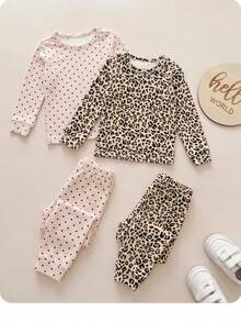 SHEIN 4件組女嬰長袖上衣與緊身內搭褲居家休閒套裝 - 彩色 - 查看 5