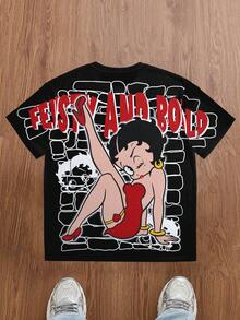Betty Boop x SHEIN Men's Round Neck Fashionable Printed Casual T-Shirt - White - View 2