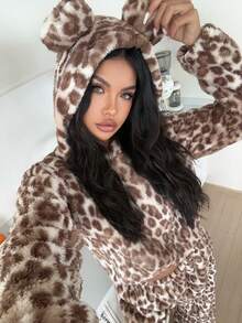 ZzzCrew Women's Double-Sided Arctic Print Apricot Leopard Pattern Hooded Pajama Set - Apricot - View 2