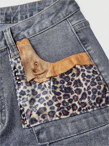 ROMWE J-Fashion Celana Capri Denim Motif Leopard Retro Pinggang Rendah Gaya Y2K dengan Patchwork Bulu Imitasi - Biru - View 3