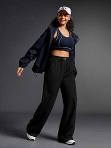 SHEIN Sports Women's Letter Print Denim Casual Daily Outdoor Long Pants - Black - View 5