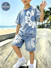 SHEIN Tween Boy Crew Neck Gradient Color Soccer Pattern Short Sleeve T-Shirt And Shorts Set - Multicolor - View 6