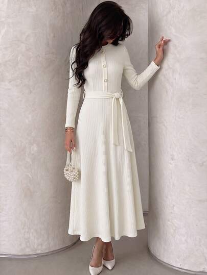 Modelyn Women's Elegant Knit Crew Neck Button Front Belted Long Sleeve A Line White Midi Dress Party Date Office Wedding Guest All Season