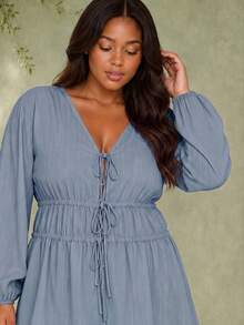 ELLERISSA Plus Size Dusty Blue Textured Tie Front Blouson Sleeve Top & Wide Leg Pants Co-Ord Set - Dusty Blue - View 5
