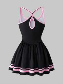 SHEIN 青少年女孩休閒運動字母黑白對比色交叉細肩帶背心洋裝 - 黑色 - 查看 3