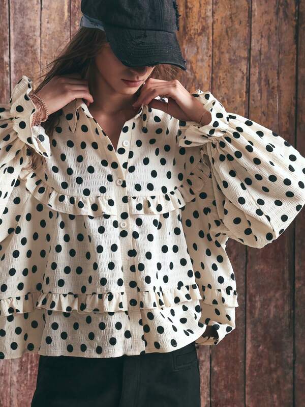 SHEIN Women's Vintage Apricot Base Black Polka Dot Collar Shirt, Multi-Layer Ruffle Petal Sleeve Loose Short Long Sleeve Top