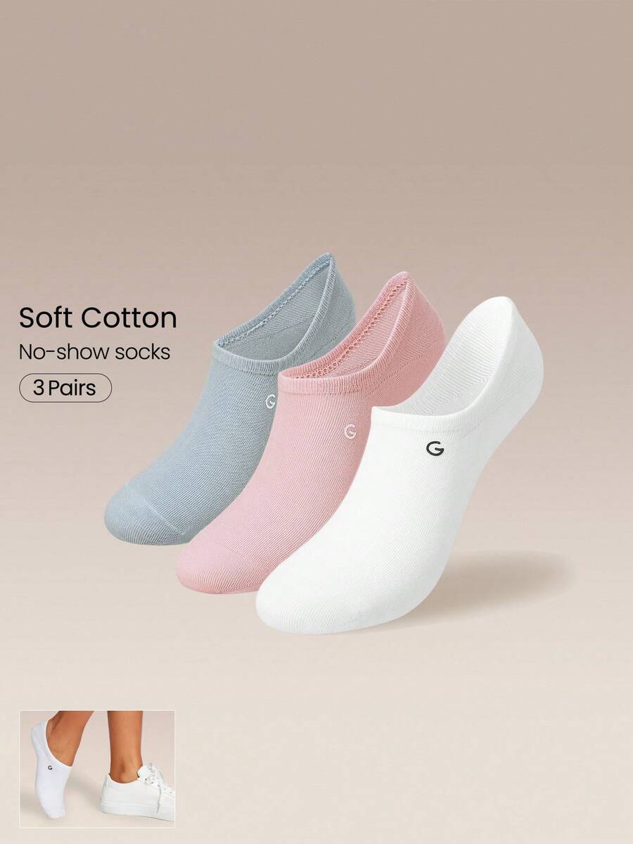 GLOWMODE 3 Pairs Invisible No-Show Socks Walk A Mile Soft Grip Daily Studio Workout Gym - white + pink + blue. - View 1