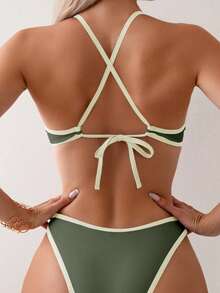 Swim Vcay Women's Summer Beach Color-Blocked Cross Back  Bikini Set - Army Green - View 2