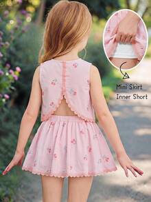 Emery Rose Kids Emery Rose Kids 少女花卉印花圓領上衣與彈性腰褶皺裙休閒日常套裝 - 粉色 - 查看 2