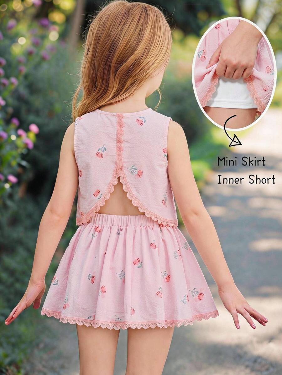 Emery Rose Kids Emery Rose Kids 少女花卉印花圓領上衣與彈性腰褶皺裙休閒日常套裝