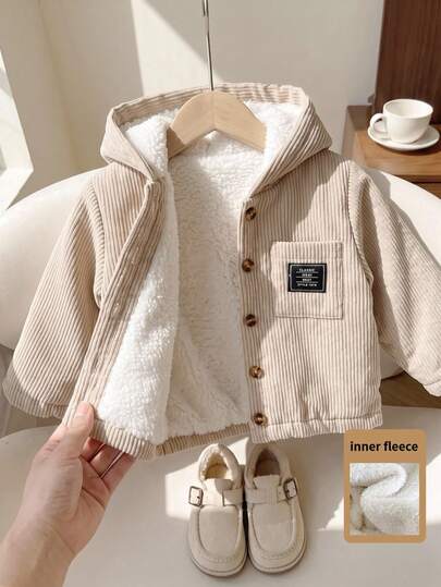 SHEIN Playful Pals 1pc Baby Boy Khaki Corduroy Ribbed Fabric Thermal Lined Thick Hooded Long Sleeve Jacket, Casual Minimalist Korean Style Retro Fashion Streetwear Plush Warm Open Front Coat With Pockets, Suitable For Autumn/Winter Daily Wear, School, Travel, Vacation, Shopping And Various Indoor/Outdoor Occasions