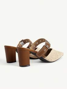 CUCCOO CHICEST Spring And Summer New Linen Pointed Toe Women's High Heels Shoes Mule Shoes Leather Buckle Thick Heel Slouchy Shoes Retro Casual Dating Party Fall Shoes - Brown - View 12