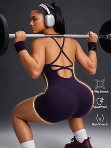 Powerista Women's Plus Size Solid Color Casual Daily Outdoor Sports Romper Gym Running Fitness Workout Going Out Autumn Jumpsuit Backless Purple Backless - Purple - View 1