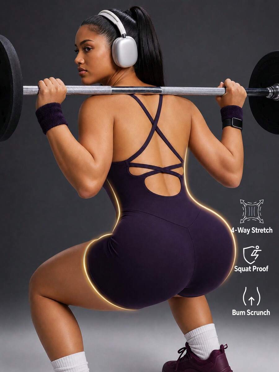Powerista Women's Plus Size Solid Color Casual Daily Outdoor Sports Romper Gym Running Fitness Workout Going Out Autumn Jumpsuit Backless Purple Backless - Purple - View 1