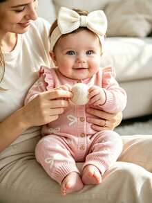 SHEIN 0-3 Months Baby Girl Knitted Romper, Button Front, Bow Tie, Newborn Photography Outfit - Baby Pink - View 7