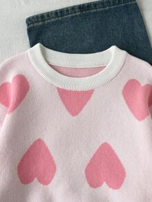 SHEIN 女童秋冬時尚簡約休閒愛心圖案提花針織長袖上衣 - 米色 - 查看 5