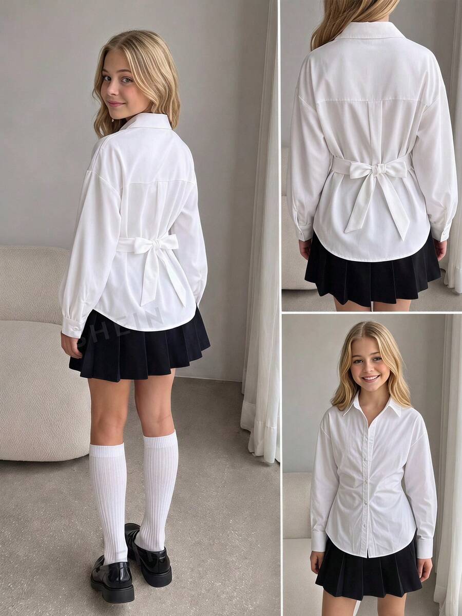 SHEIN 青少年女孩寬鬆休閒極簡舒適日常學院風優雅修身梭織純白色翻領前開扣不對稱下擺抓皺上衣,返校季 - 白色 - 查看 1