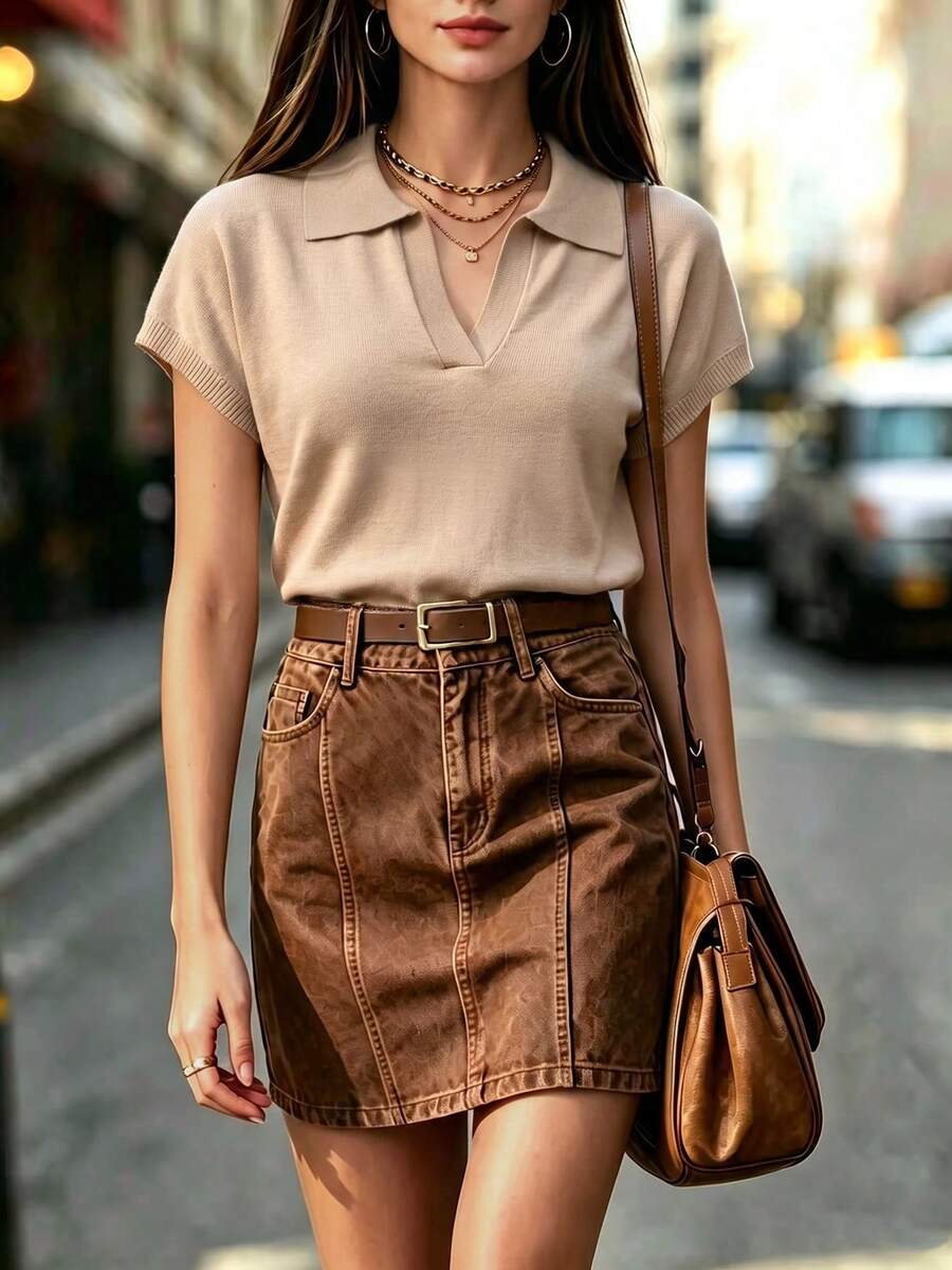 Balvessa Women's Polo Collar V-Neck Ribbed Cuff & Hem Minimalist Casual Short Sleeve Sweater - Khaki - View 1