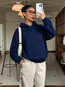 青少年女孩休閒簡約長袖連帽寬鬆加厚衛衣，適合秋冬穿著 - 藍色 - 查看 4