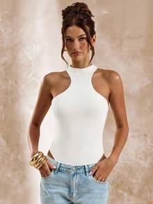 SHEIN BAE Body asimmetrico senza maniche con taglio, body aderente da donna, adatto per primavera/estate - Bianco - Visualizzare 3