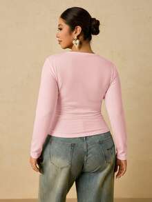 Freevana Plus Size Women's Black Long Sleeve Crew Neck Thermal Base Layer, Ruched Waist T-Shirt - Pink - View 2