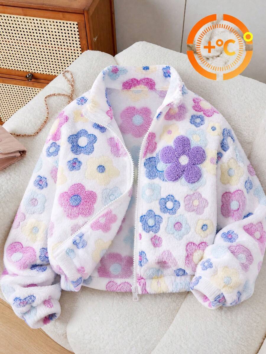 Tween Girls Red Long Sleeve 1pc Tween Girls' Stand Collar Zipper Front Fur Trim Jacket With All-Over Floral Pattern, Casual Jacket Top, Autumn/Winter - White - View 1