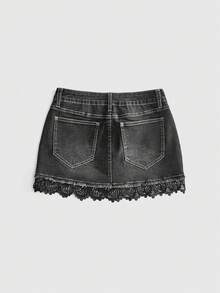 ROMWE Rok Denim Wanita Model Y2K Vintage Washed Ultra Low Waist dengan Ujung Berumbai dan Desain Renda Kontras - Hitam - View 2