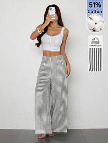 SHEIN PETITE 女款極簡休閒時尚返校季復古條紋高腰紋理寬腿長褲 - 黑與白 - 查看 7