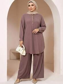 Solavon Plus Size Elegant Commuter Solid Color Shirt & Pants 2 Pieces Set - Dusty Pink - View 5
