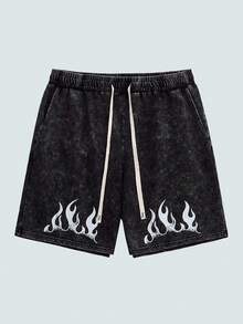 Modcrash Plus Size Men's Casual Distressed Flame Print Shorts, Minimalist Pattern, Suitable For School And Daily Wear - Black - View 3