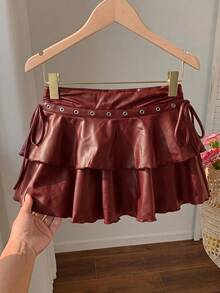 SHEIN MOD 大尺碼女款純色PU皮革時尚百搭迷你裙 秋季 - 紅色 - 查看 3