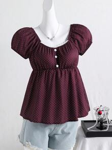 Sparklyn Teen Girl Polka Dot Pattern Short Petal Sleeve Button Design Casual Shirt - Burgundy - View 1