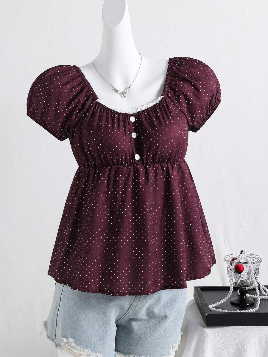 Sparklyn Teen Girl Polka Dot Pattern Short Petal Sleeve Button Design Casual Shirt - Burgundy - View 1