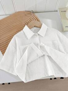 SHEIN LMoss Kids LMoss 女孩編織素色寬鬆短版休閒襯衫 - 白色 - 查看 3