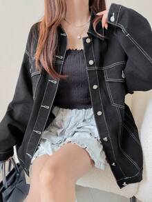 FRIFUL Women's Bow Decor Casual Versatile Daily Denim Jacket - Black - View 2