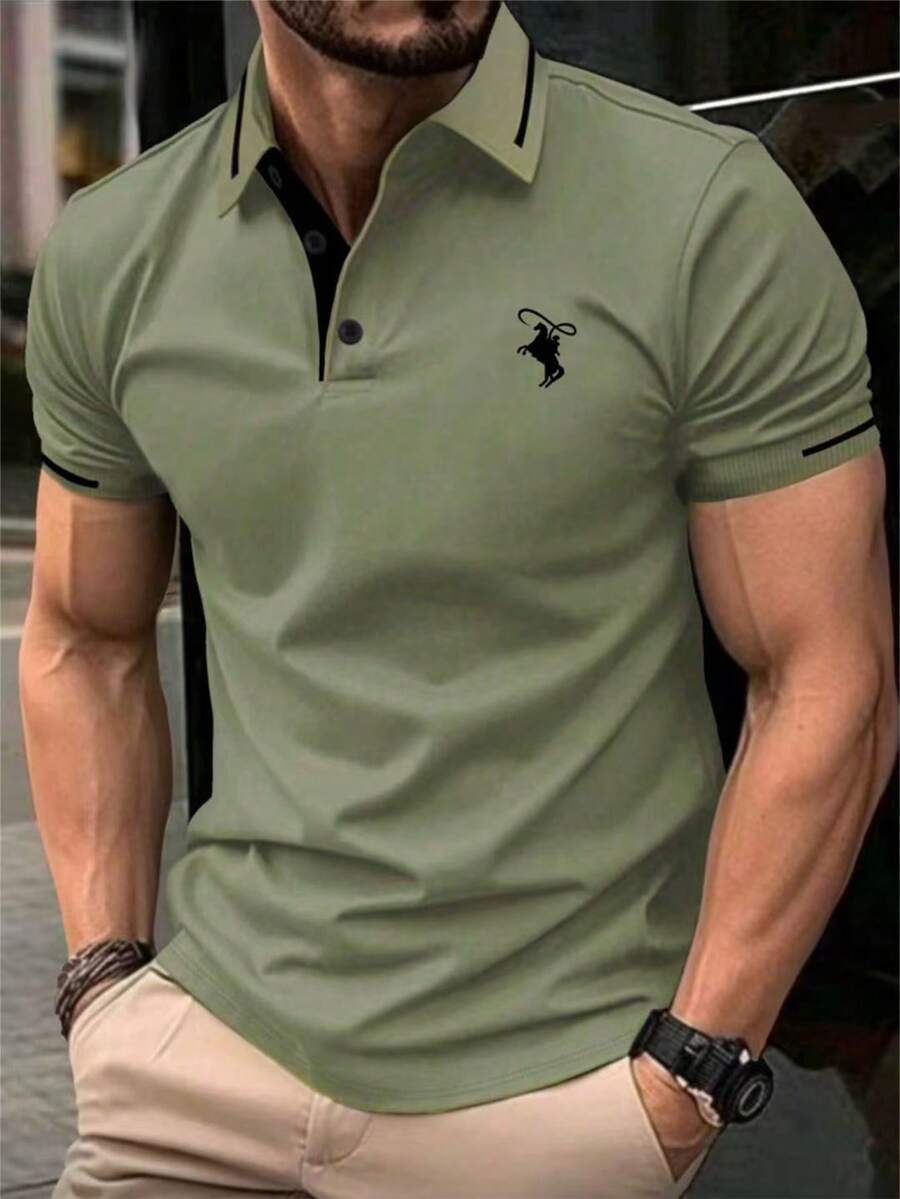 Calvornis 男士騎士印花短袖休閒通勤 Polo 衫 - 綠色 - 查看 1