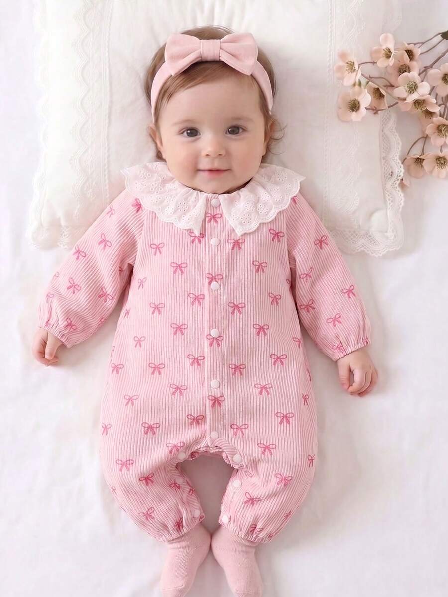 SHEIN 新生女嬰條紋蝴蝶結蕾絲領前扣連身衣，嬰兒服飾，嬰兒連身褲