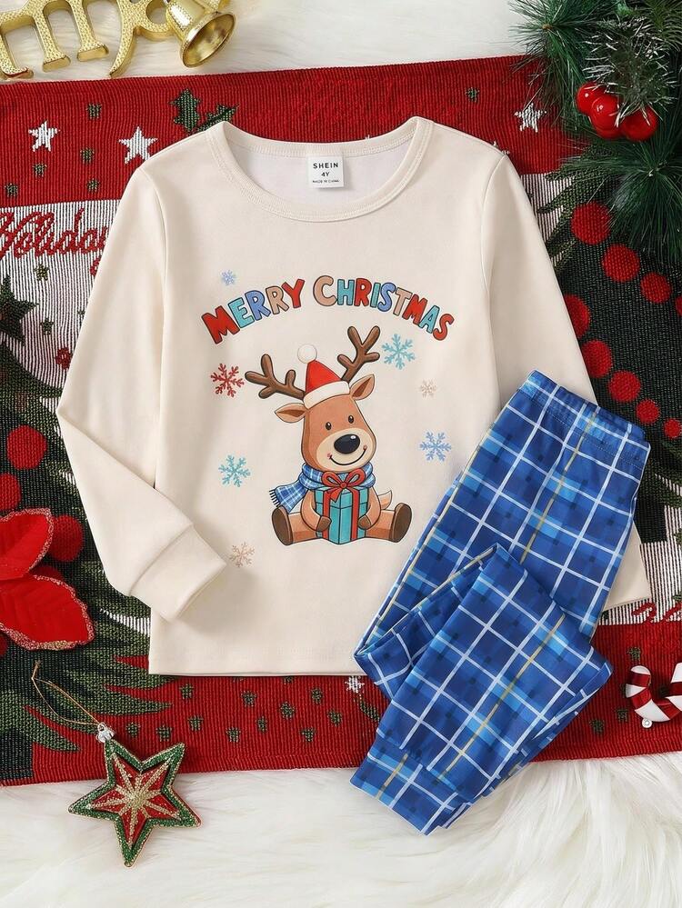 Boys Christmas Little Reindeer Long Sleeve Top Plaid Pattern Long Pants Pajama Set, Home Wear Birthday White Autumn Snug Fit - Multicolor - View 2