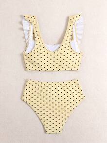 Swim Basics 2件組女款夏季海灘優雅簡約度假風黑白波點荷葉邊肩帶前褶上衣與高腰抓皺三角泳褲套裝 - 淡黃色 - 查看 3