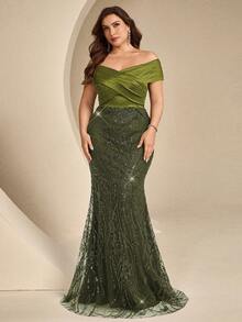 Coutiva Plus Size Sequin Patchwork Off Shoulder Formal Evening Gown - Army Green - View 6