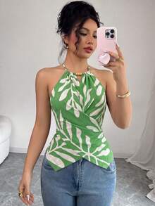 Elenzga 女款夏季優雅熱帶休閒綠葉印花無袖掛脖蝴蝶結領口不對稱腰部交叉綁帶背心上衣 度假海灘風 - 綠色 - 查看 4