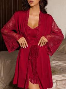 Slumberist 女款蕾絲拼接緞面睡袍 繫腰中長款晨袍 2件式居家服套裝附腰帶 深紅色 性感 婚禮蜜月客房穿著 - 酒紅色 - 查看 7